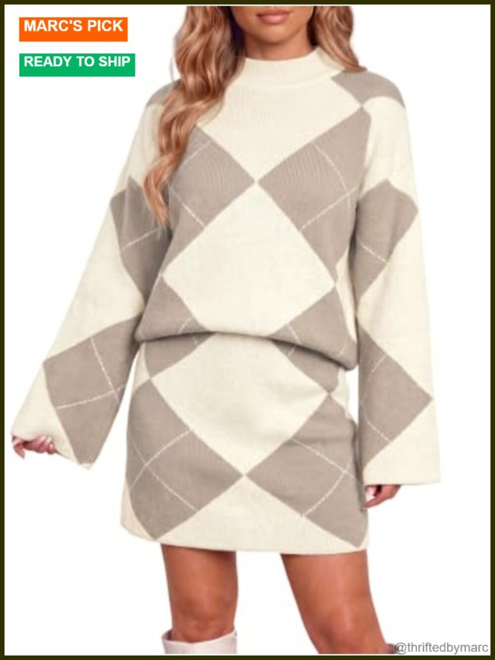 Womens 2 Piece Argyle Sweater Skirt Sets Knit Fall Winter